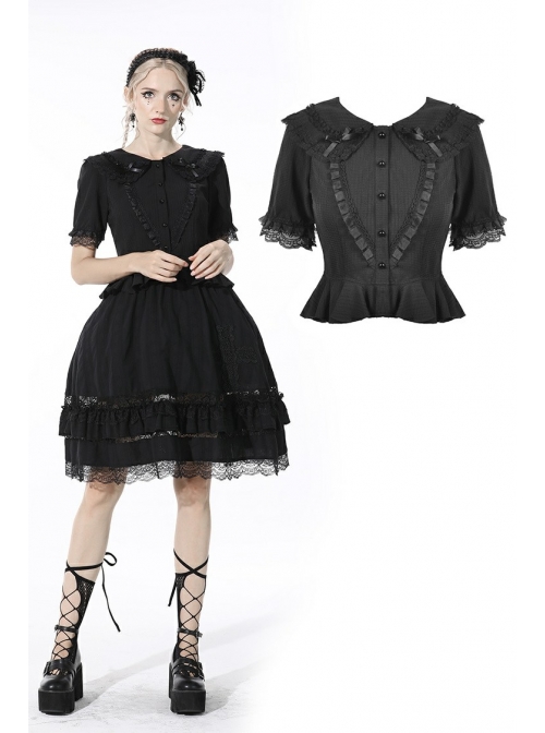 Gothic Lace Buttons Symmetrical Slim Fit Black Lolita Doll Collar Vertical Chiffon Blouse