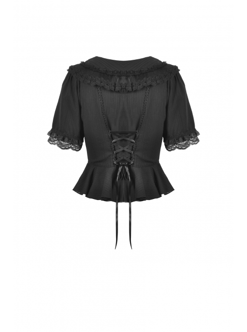 Gothic Lace Buttons Symmetrical Slim Fit Black Lolita Doll Collar Vertical Chiffon Blouse