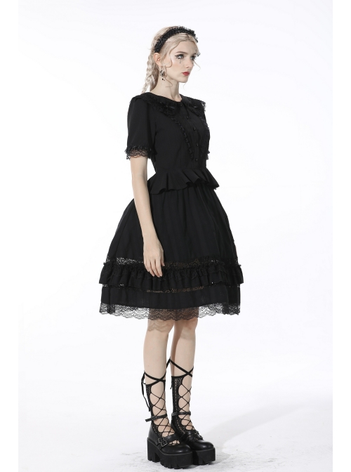 Gothic Lace Buttons Symmetrical Slim Fit Black Lolita Doll Collar Vertical Chiffon Blouse