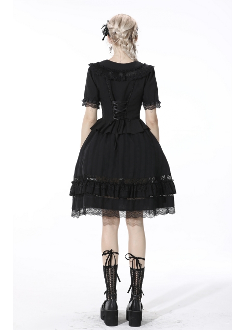 Gothic Lace Buttons Symmetrical Slim Fit Black Lolita Doll Collar Vertical Chiffon Blouse