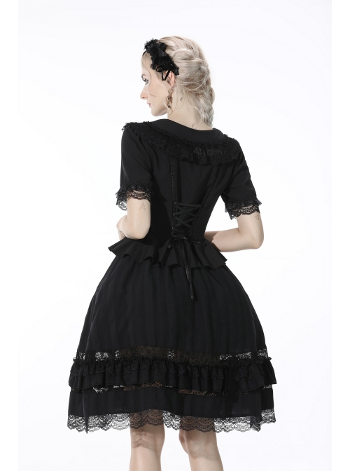 Gothic Lace Buttons Symmetrical Slim Fit Black Lolita Doll Collar Vertical Chiffon Blouse
