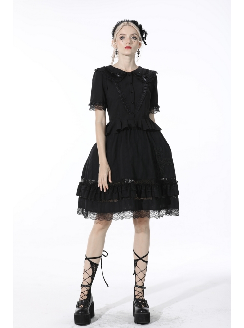 Gothic Lace Buttons Symmetrical Slim Fit Black Lolita Doll Collar Vertical Chiffon Blouse