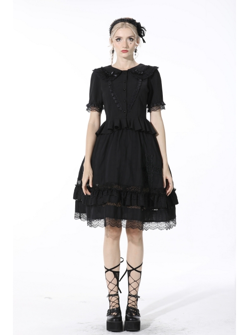 Gothic Lace Buttons Symmetrical Slim Fit Black Lolita Doll Collar Vertical Chiffon Blouse