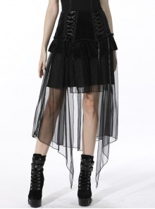 Black Gothic Bowknot Multi-Level Stitching Slim Fit Lace Up Velvet Mesh Polyester High-Low Skirt