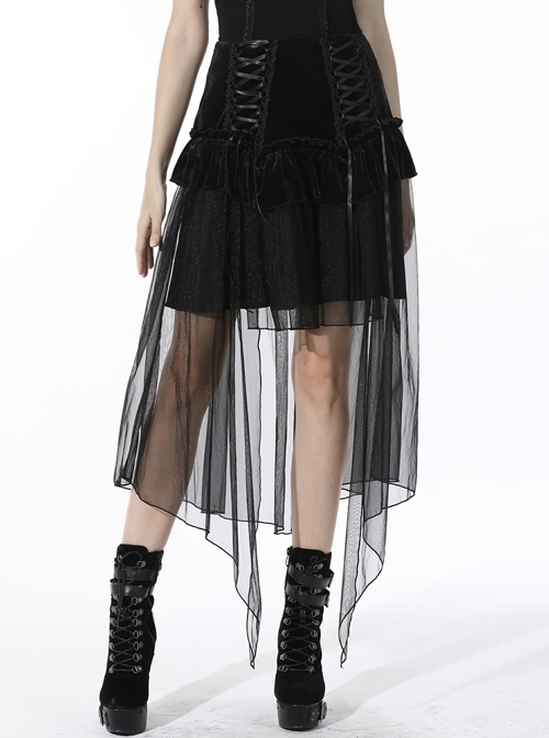 Black Gothic Bowknot Multi-Level Stitching Slim Fit Lace Up Velvet Mesh Polyester High-Low Skirt