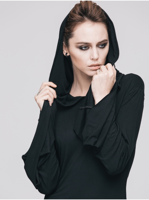 Rose Print Gothic Black Trumpet Sleeve Long Sleeve Hoodie Knit Stretch Dress