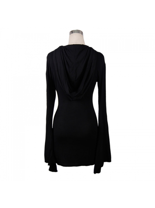 Rose Print Gothic Black Trumpet Sleeve Long Sleeve Hoodie Knit Stretch Dress