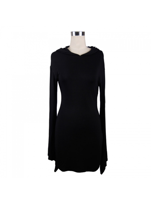 Rose Print Gothic Black Trumpet Sleeve Long Sleeve Hoodie Knit Stretch Dress
