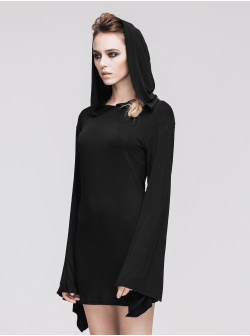 Rose Print Gothic Black Trumpet Sleeve Long Sleeve Hoodie Knit Stretch Dress