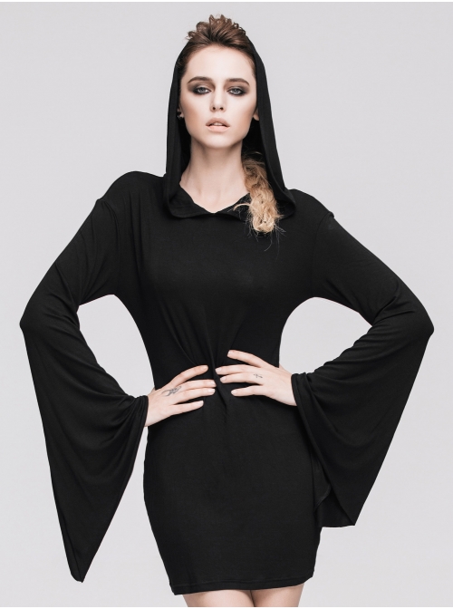 Rose Print Gothic Black Trumpet Sleeve Long Sleeve Hoodie Knit Stretch Dress