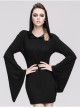 Rose Print Gothic Black Trumpet Sleeve Long Sleeve Hoodie Knit Stretch Dress