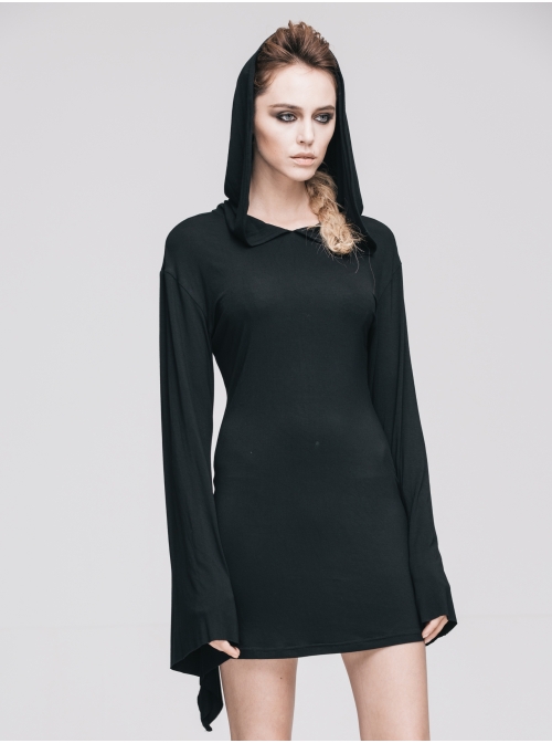Rose Print Gothic Black Trumpet Sleeve Long Sleeve Hoodie Knit Stretch Dress