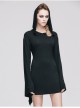 Rose Print Gothic Black Trumpet Sleeve Long Sleeve Hoodie Knit Stretch Dress