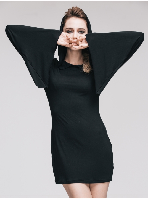 Rose Print Gothic Black Trumpet Sleeve Long Sleeve Hoodie Knit Stretch Dress