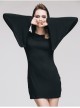 Rose Print Gothic Black Trumpet Sleeve Long Sleeve Hoodie Knit Stretch Dress