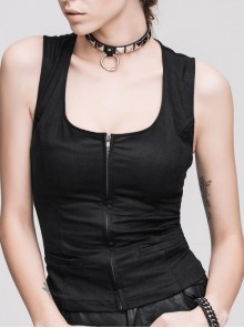 Black Punk Front Zip Sleeveless Back Cut-Out Belted  Round Collar Tank Top