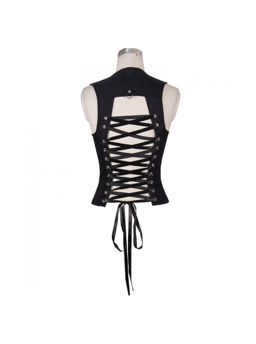 Black Punk Front Zip Sleeveless Back Cut-Out Belted  Round Collar Tank Top