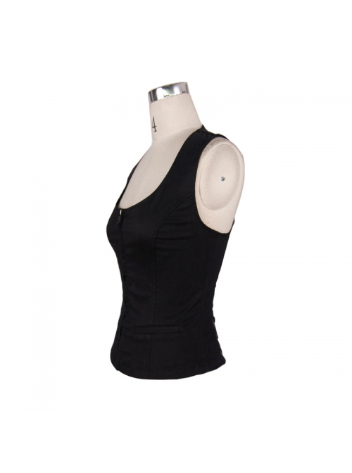 Black Punk Front Zip Sleeveless Back Cut-Out Belted  Round Collar Tank Top