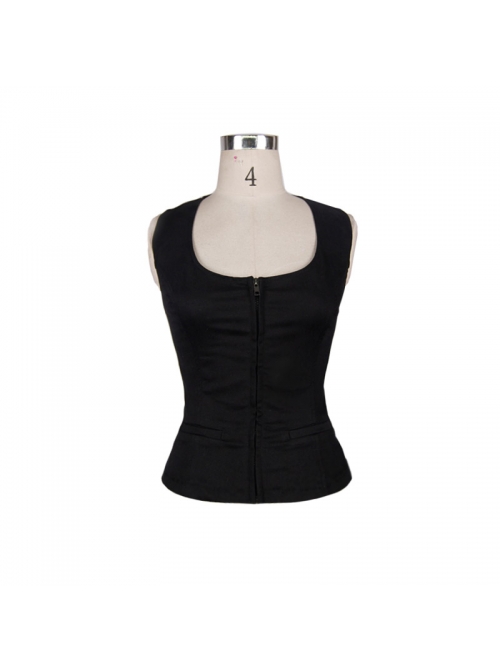 Black Punk Front Zip Sleeveless Back Cut-Out Belted  Round Collar Tank Top