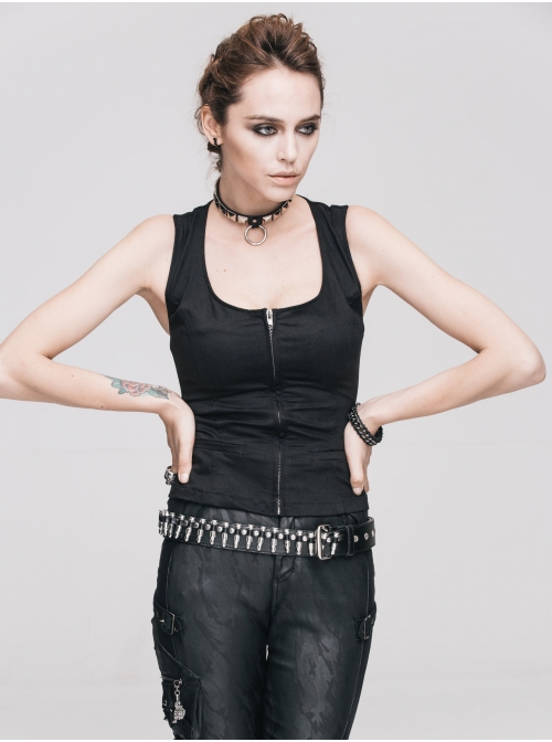 Black Punk Front Zip Sleeveless Back Cut-Out Belted  Round Collar Tank Top