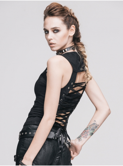 Black Punk Front Zip Sleeveless Back Cut-Out Belted  Round Collar Tank Top