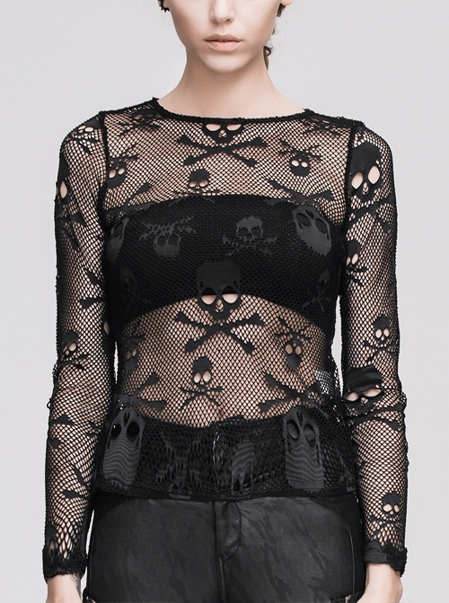 Punk Black Skull Knit Long-Sleeve Open-Neck Round Collar Elastic Shirt