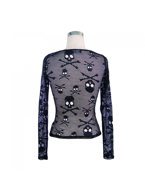 Punk Black Skull Knit Long-Sleeve Open-Neck Round Collar Elastic Shirt