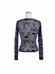 Punk Black Skull Knit Long-Sleeve Open-Neck Round Collar Elastic Shirt