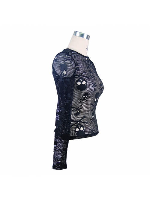 Punk Black Skull Knit Long-Sleeve Open-Neck Round Collar Elastic Shirt
