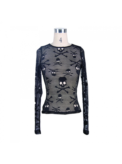 Punk Black Skull Knit Long-Sleeve Open-Neck Round Collar Elastic Shirt