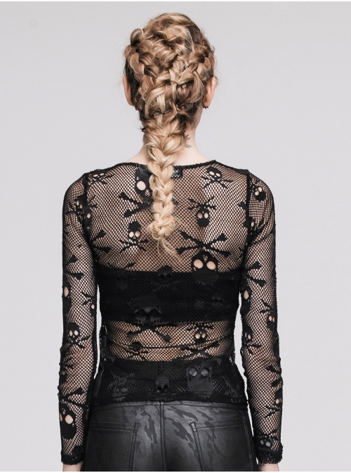 Punk Black Skull Knit Long-Sleeve Open-Neck Round Collar Elastic Shirt