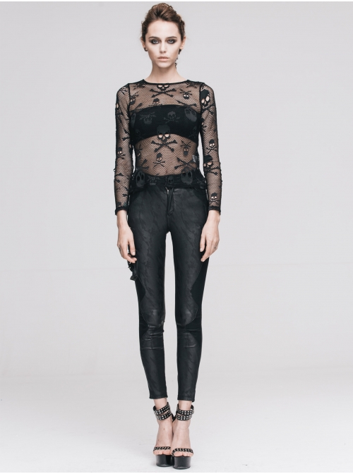 Punk Black Skull Knit Long-Sleeve Open-Neck Round Collar Elastic Shirt
