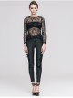Punk Black Skull Knit Long-Sleeve Open-Neck Round Collar Elastic Shirt