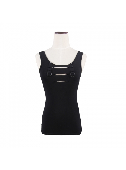 Burnt-out Hole Resin Spike Metal Ring Sleeveless Black Punk Vest