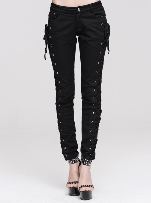 Punk Side Metal Buttonholes With Rope Straps Stretch Black Pants