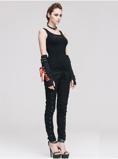 Punk Side Metal Buttonholes With Rope Straps Stretch Black Pants