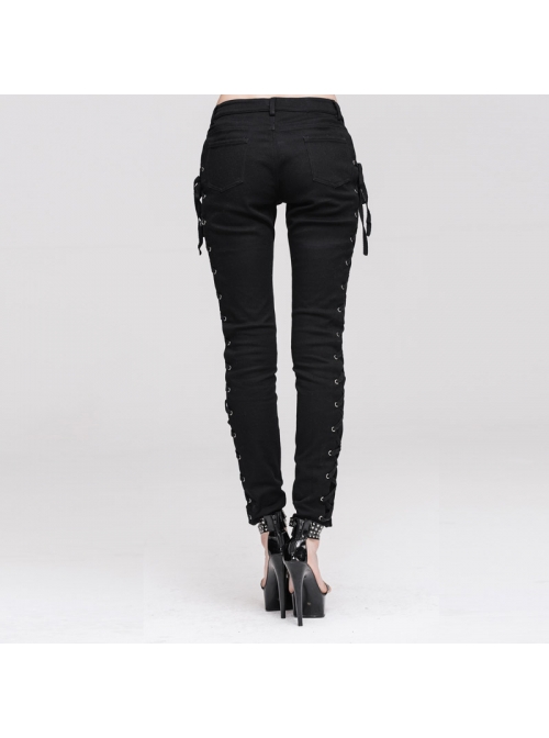 Punk Side Metal Buttonholes With Rope Straps Stretch Black Pants