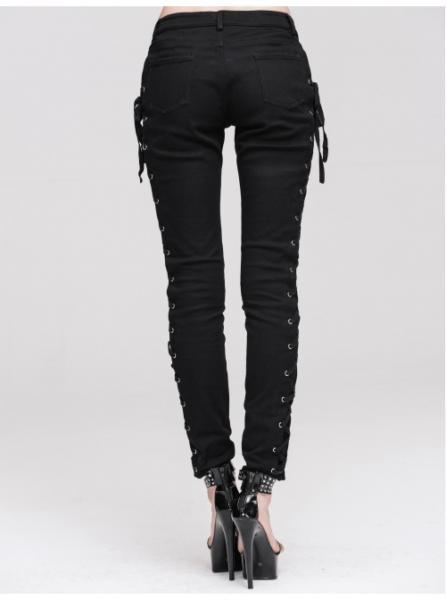 Punk Side Metal Buttonholes With Rope Straps Stretch Black Pants