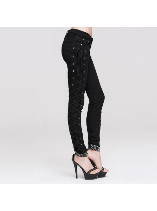 Punk Side Metal Buttonholes With Rope Straps Stretch Black Pants