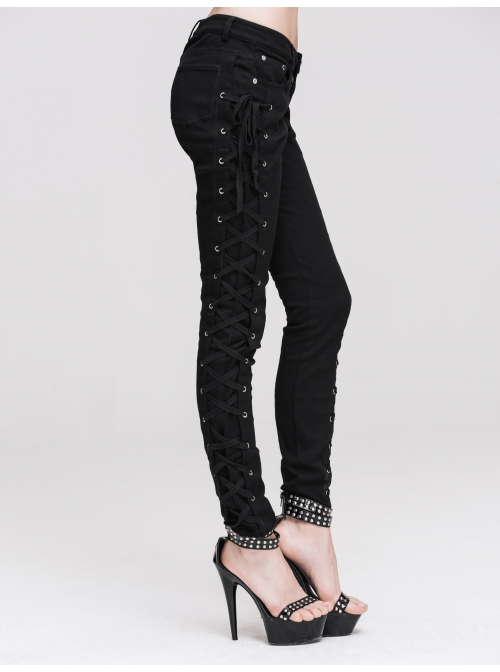 Punk Side Metal Buttonholes With Rope Straps Stretch Black Pants