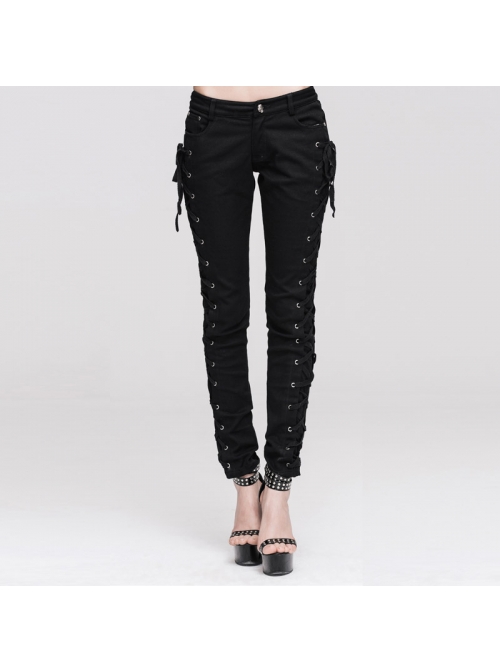 Punk Side Metal Buttonholes With Rope Straps Stretch Black Pants