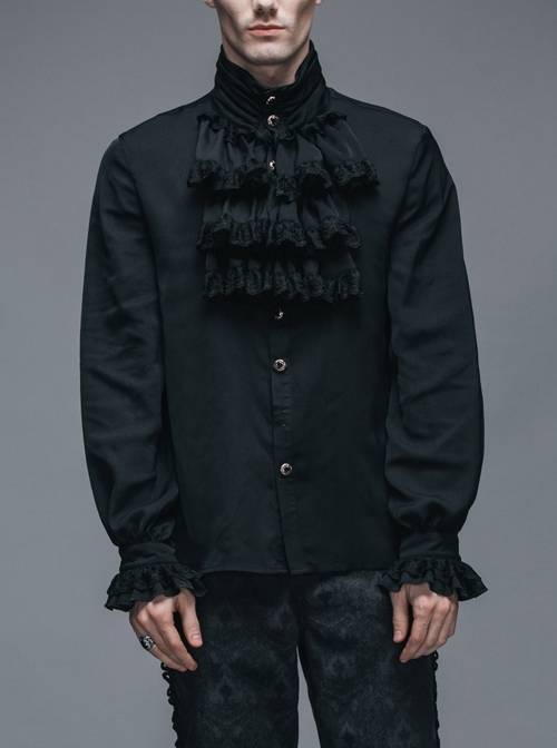 Gothic Black Ruffled Lace Button-Up Micro-bullet Chiffon Long Sleeve Shirt