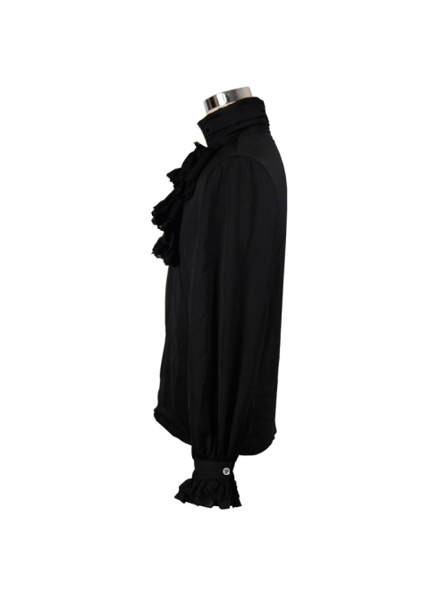 Gothic Black Ruffled Lace Button-Up Micro-bullet Chiffon Long Sleeve Shirt