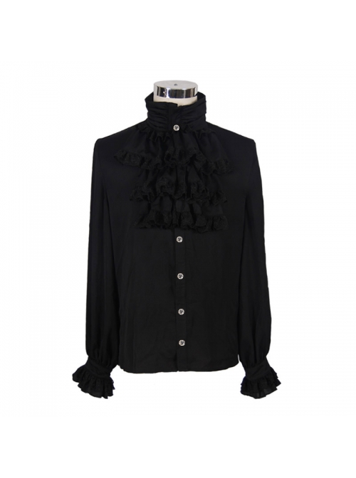 Gothic Black Ruffled Lace Button-Up Micro-bullet Chiffon Long Sleeve Shirt