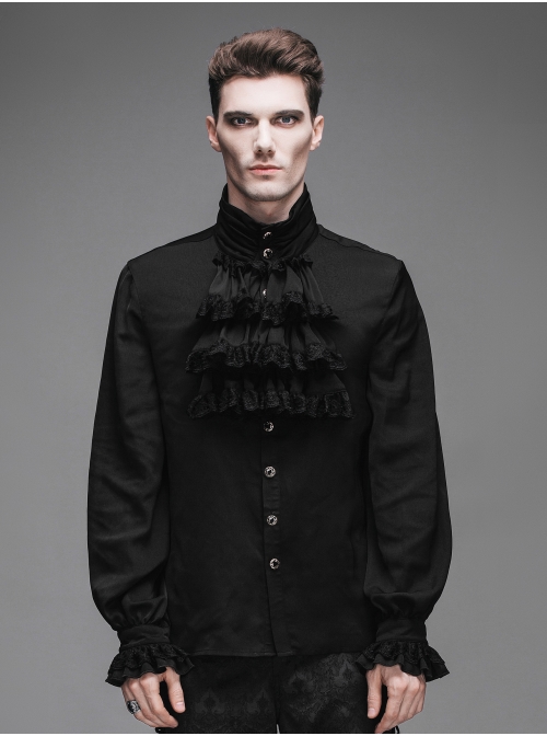 Gothic Black Ruffled Lace Button-Up Micro-bullet Chiffon Long Sleeve Shirt