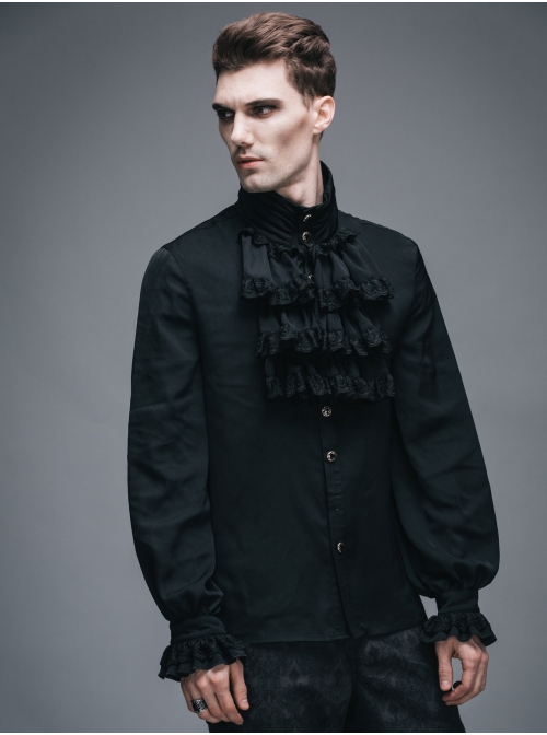 Gothic Black Ruffled Lace Button-Up Micro-bullet Chiffon Long Sleeve Shirt
