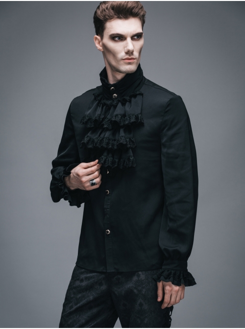 Gothic Black Ruffled Lace Button-Up Micro-bullet Chiffon Long Sleeve Shirt
