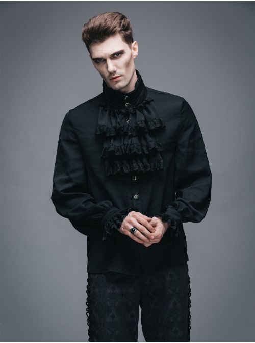 Gothic Black Ruffled Lace Button-Up Micro-bullet Chiffon Long Sleeve Shirt