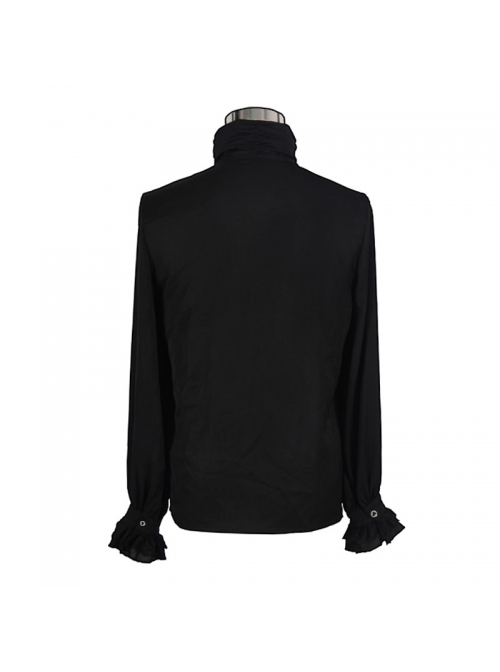 Gothic Black Ruffled Lace Button-Up Micro-bullet Chiffon Long Sleeve Shirt