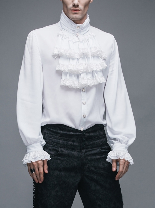White Gothic Ruffled Lace Button-Up Micro-bullet Chiffon Long Sleeve Shirt